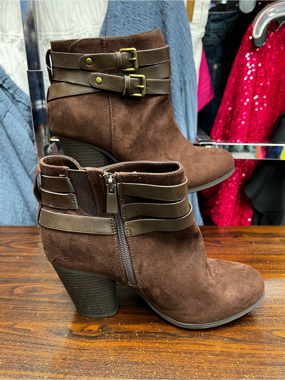 Torrid Dark Brown Faux Suede Strappy Buckle Ankle Booties - Size 8 Wide